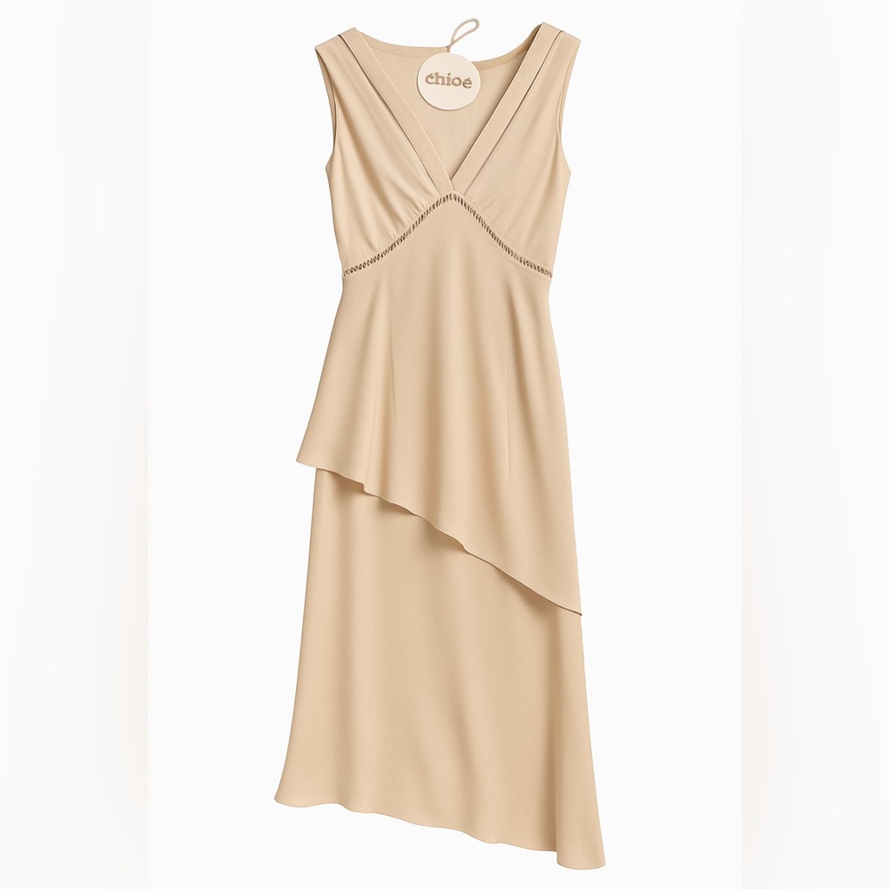 Chloé 100% Silk Asymmetric Layered Midi Dress – FR 40 (US 6–8) – Beige – NWT - Picture 3 of 15